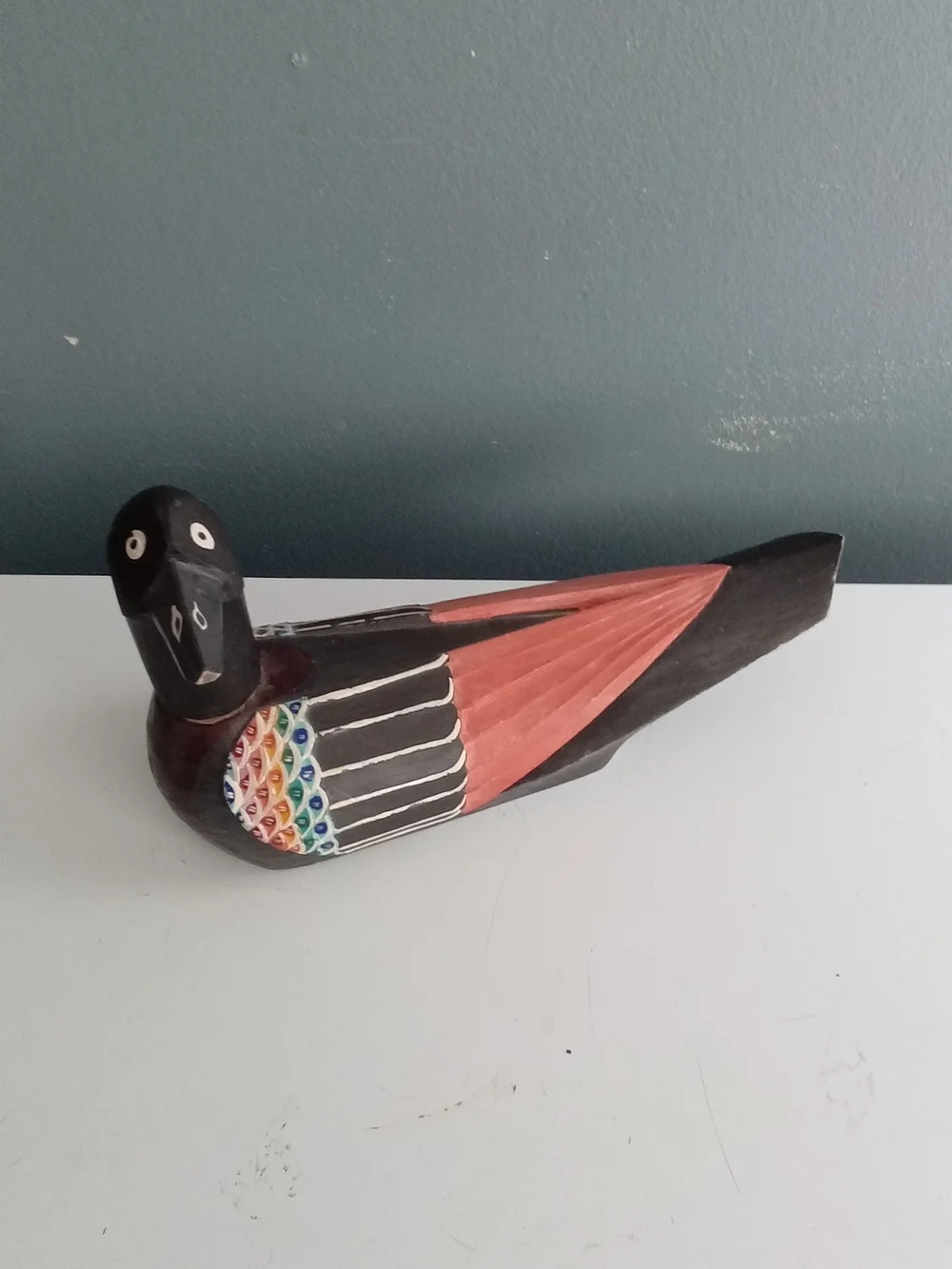 Handpainted Black & Coral Decorative Bird Figurine